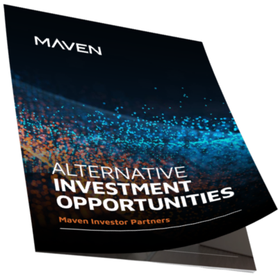 3D front cover of Maven's alternative investment opportunities brochure showing an abstract design